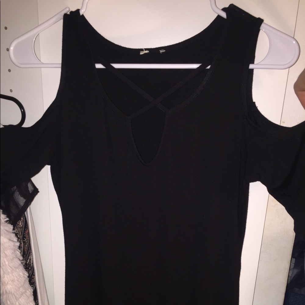 Black dress cross front open shoulders mid length
